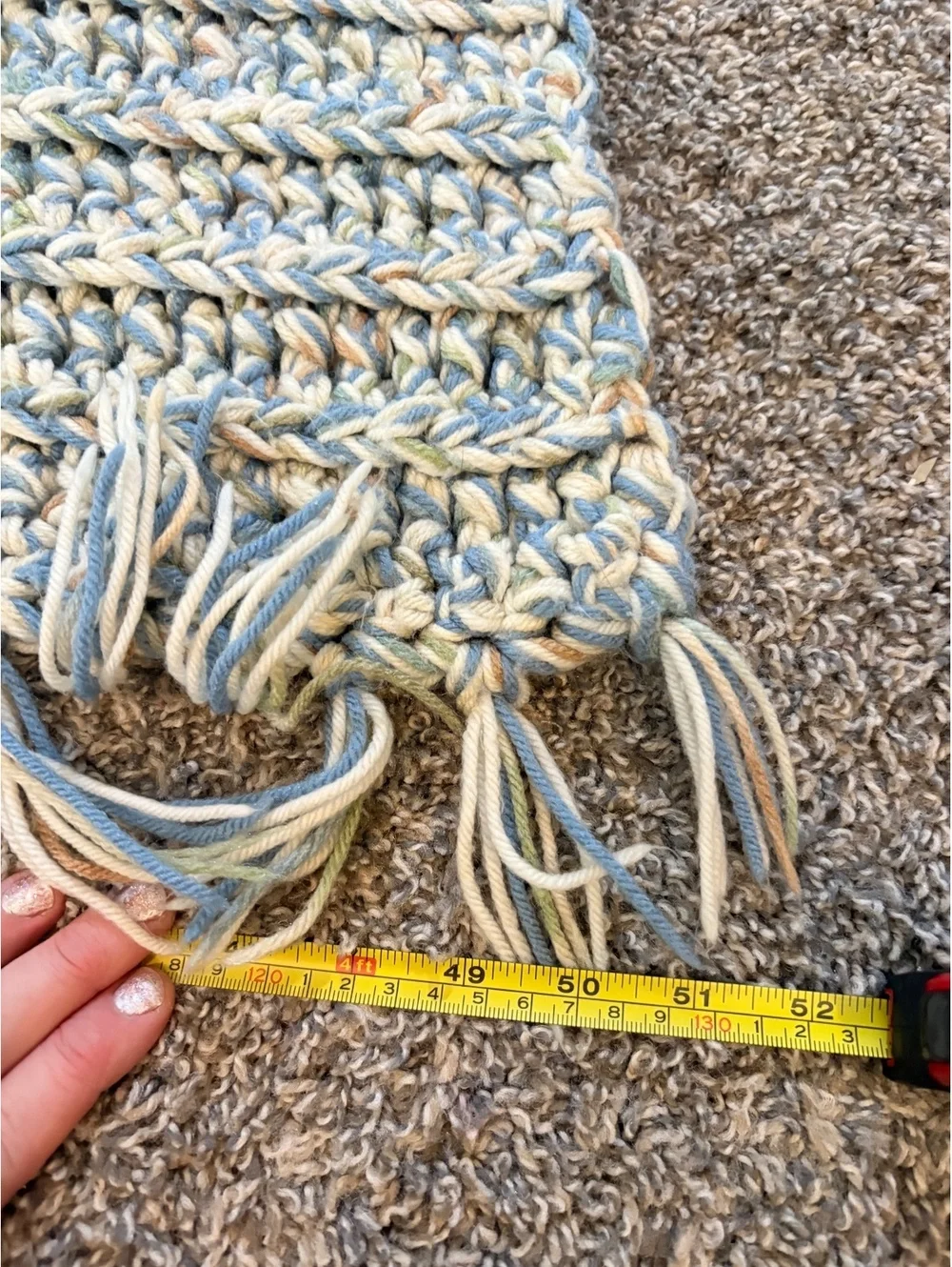 Handmade crochet blanket 84in by 50 in Heavyweight blue, sage, cream